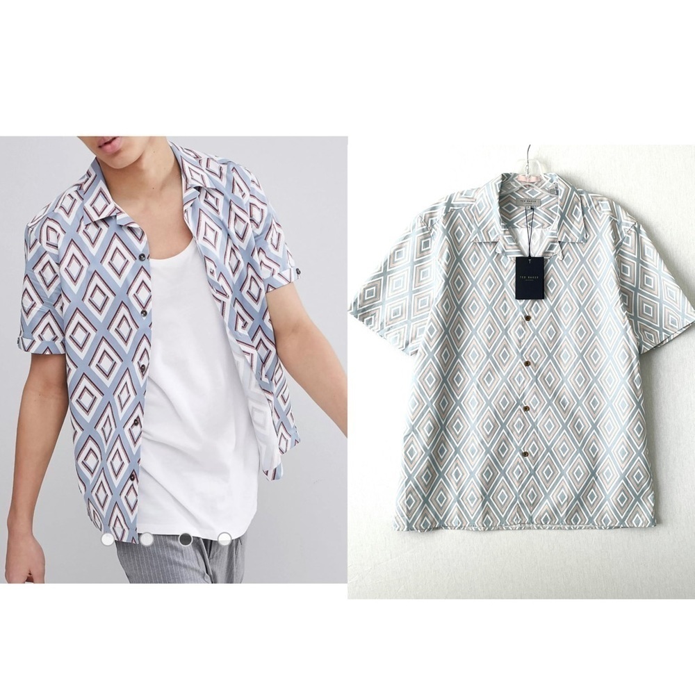 Ted Baker Cotton Collar Short Sleeves Shirt With Diamond Geometric Print